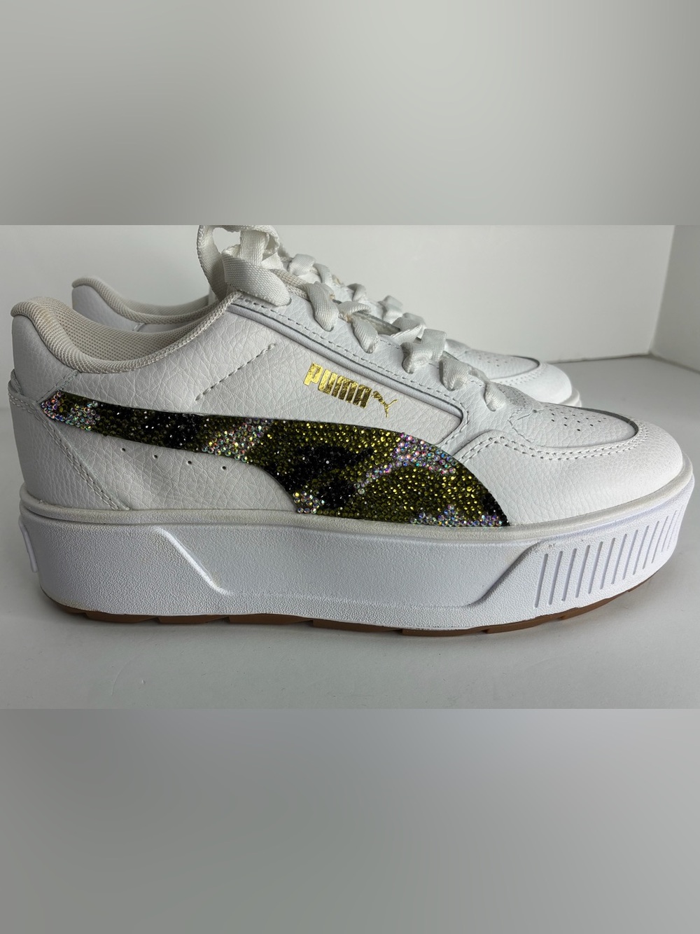 Custom Rhinestone Camo Puma White Platform Sneakers with - Picture 2 of 6